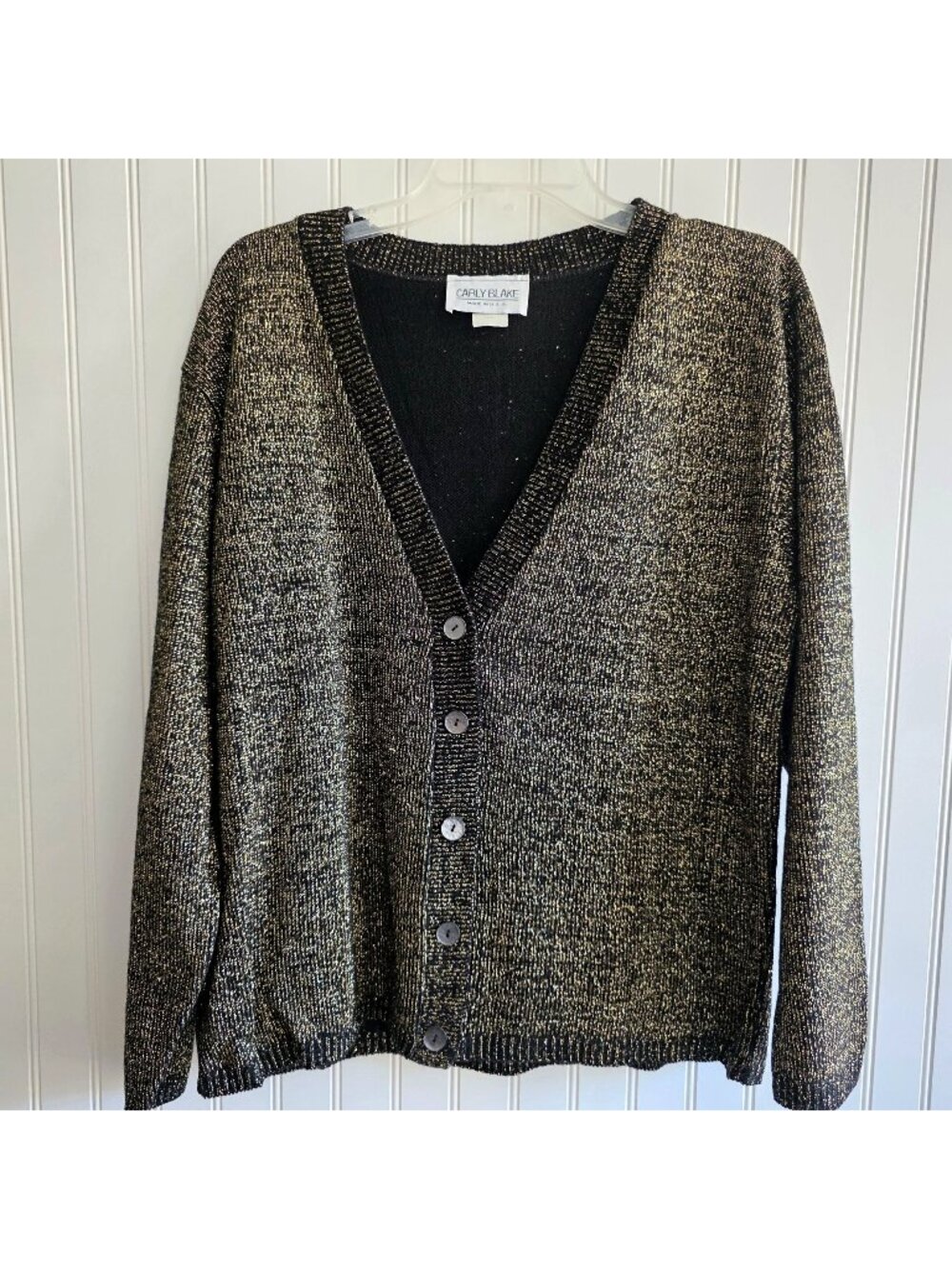 Vintage 80s Carly Blake Cardigan XL Black Gold Metallic Retro Glam Festive Party